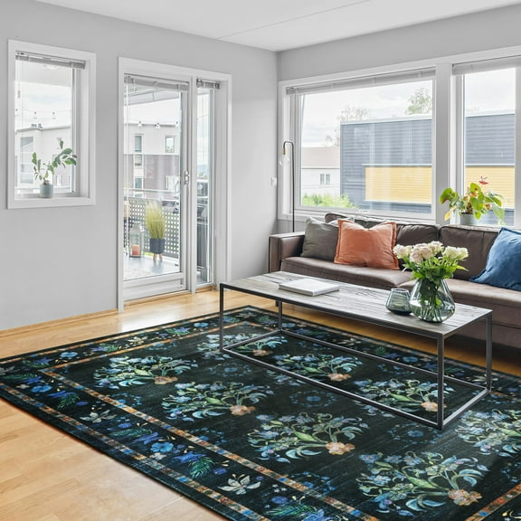 Balacho Farmhouse Floral Bohemian Faux Wool Area Rug, 6' x 9', Black