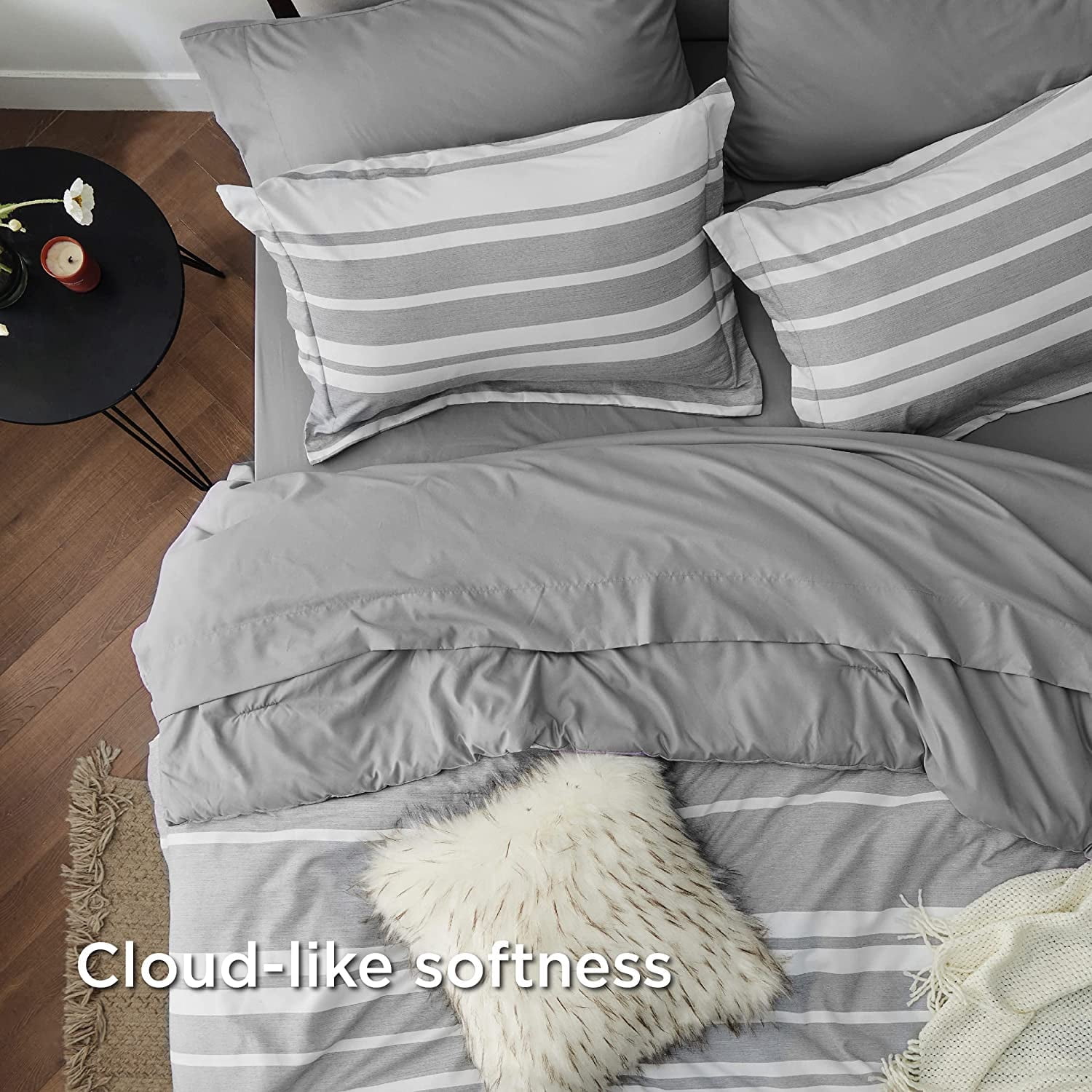 U by Bedsure King Comforter Set, 7 Pieces Gray White Striped Bedding Sets All Season, Bed in a Bag with Comforter, Sheets, Pillowcases & Shams