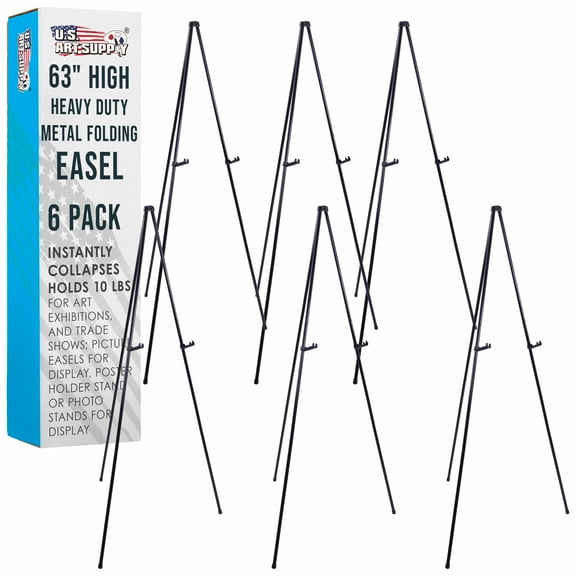 U.S. Art Supply 63" High Heavy Duty Steel Easy Folding Display Easel (6 Pack), Adjustable Height Holder, Portable Tripod