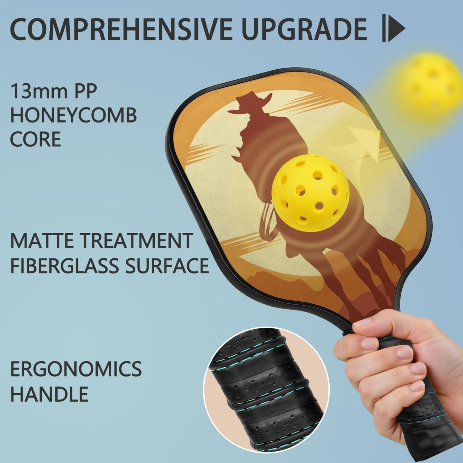 Pickleball Paddles Set Of 2, Fiberglass Surface, West & Cowboy Print, 4 Balls & Bag