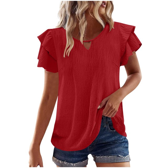 Admvng Hauts pour Femmes Printemps et Été Col Rond Manches à Volants Plissées Mi-Hautes S-2TG