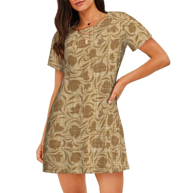 Fotbe Brown Flowers Bata de Dormir para Mujer con Estampado, Camisón de Algodón de Manga Corta, Ropa de Dormir Casual