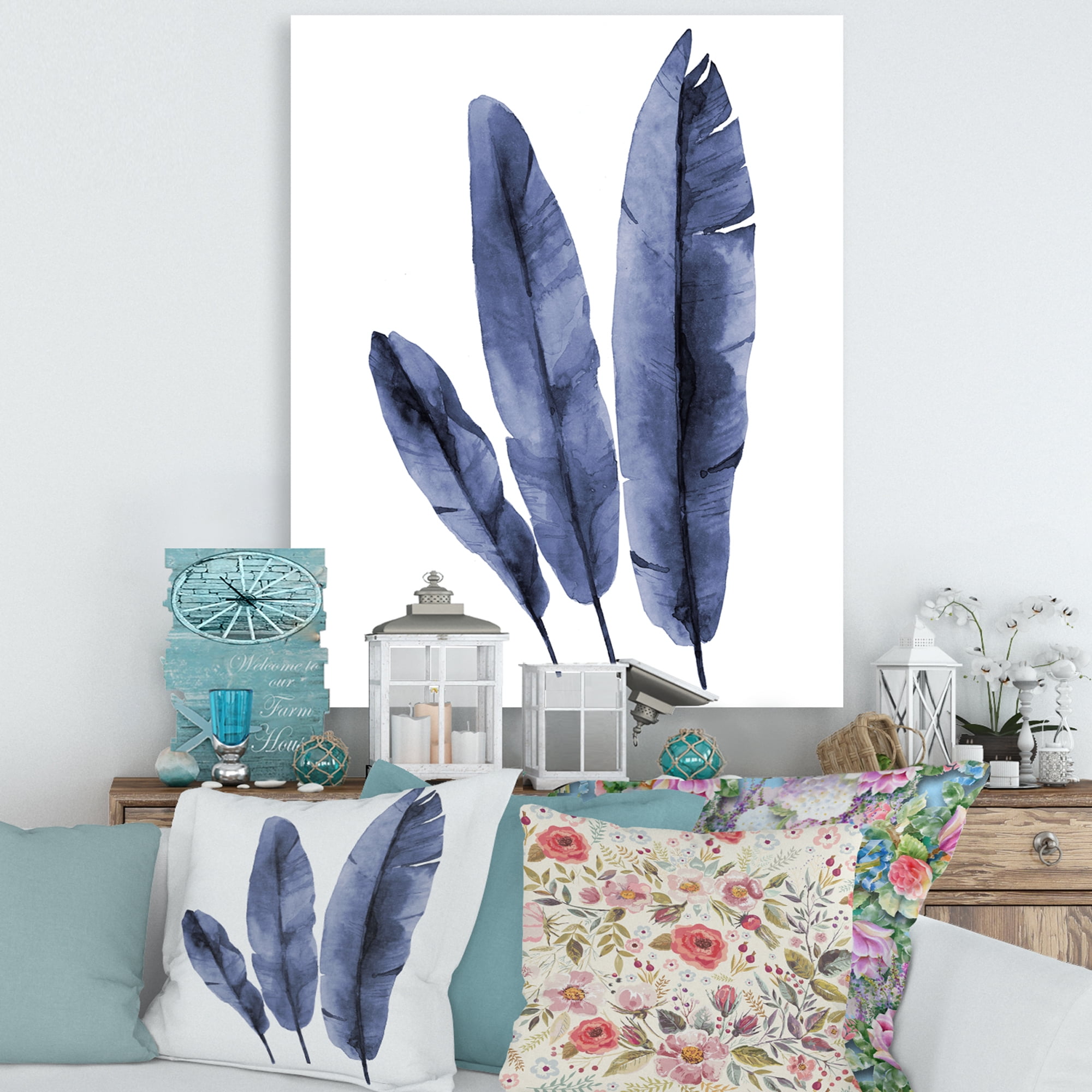 Designart ' Navy Blue Tropical Banana Leaves On White ' Tropical Canvas Wall Art Print