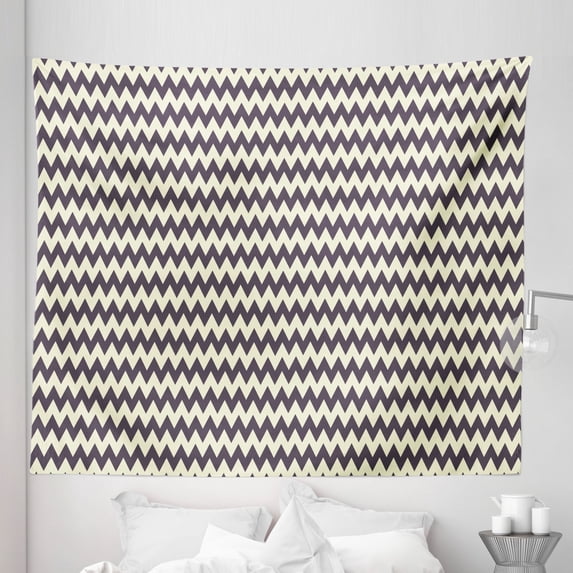 Chevron Tapestry, Horizontal Narrow Sharp Edged Zig Zags Classical Simplistic with Retro Effects, Fabric Wall Hanging Decor for Bedroom Living Room Dorm, 5 Sizes, Dark Blue Cream, by Ambesonne