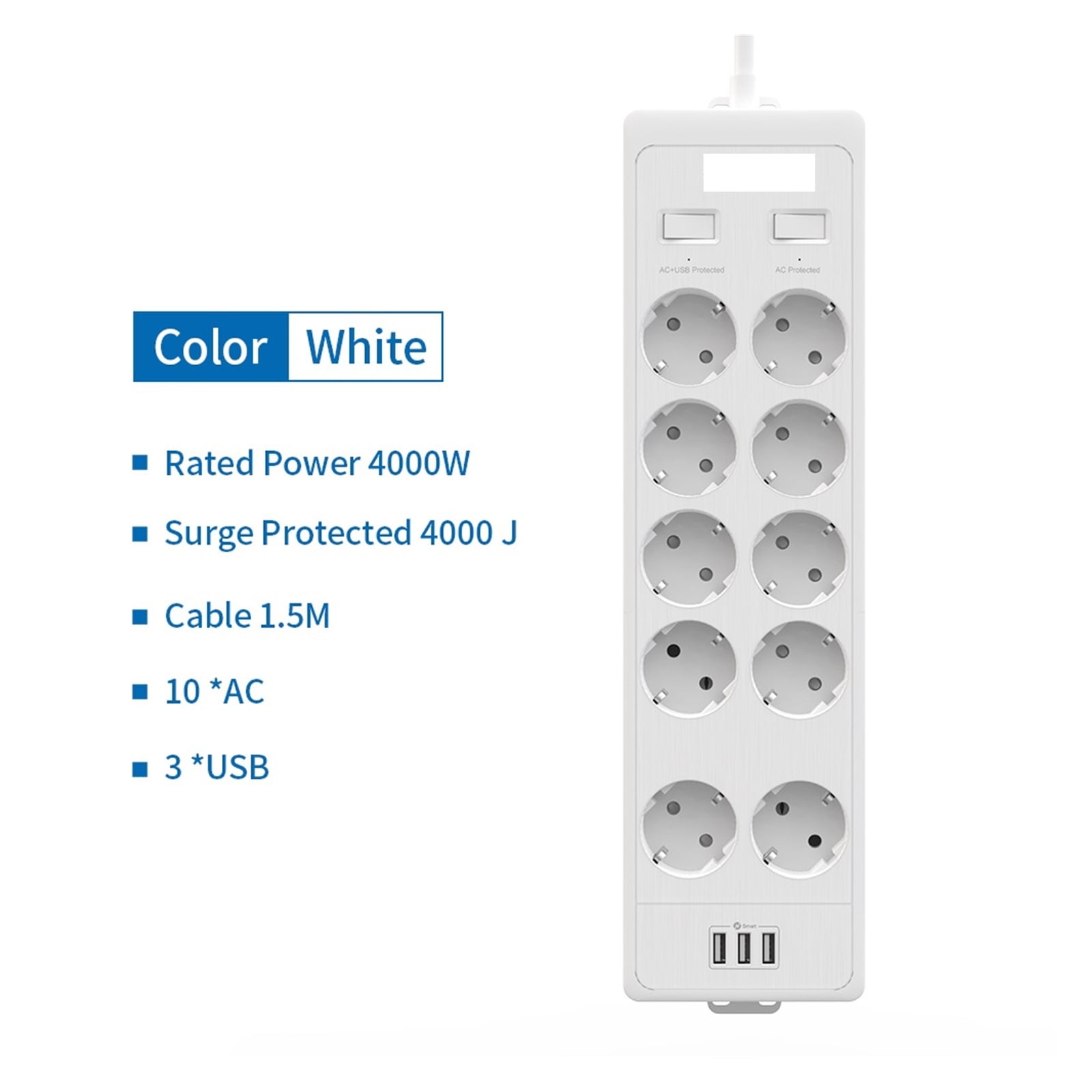 Wall Mountable USB Power Strip 4000J Surge Protector Extra Wide Socket Power Outlet With Extension Lead Network Filter