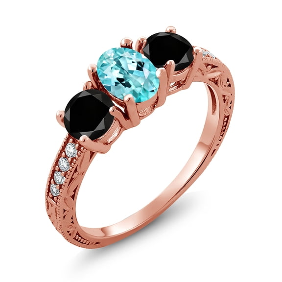 Gem Stone King 2.04 Ct Oval Blue Apatite Black Diamond 18K Rose Gold Plated Silver Moissanite Ring (Size 5)