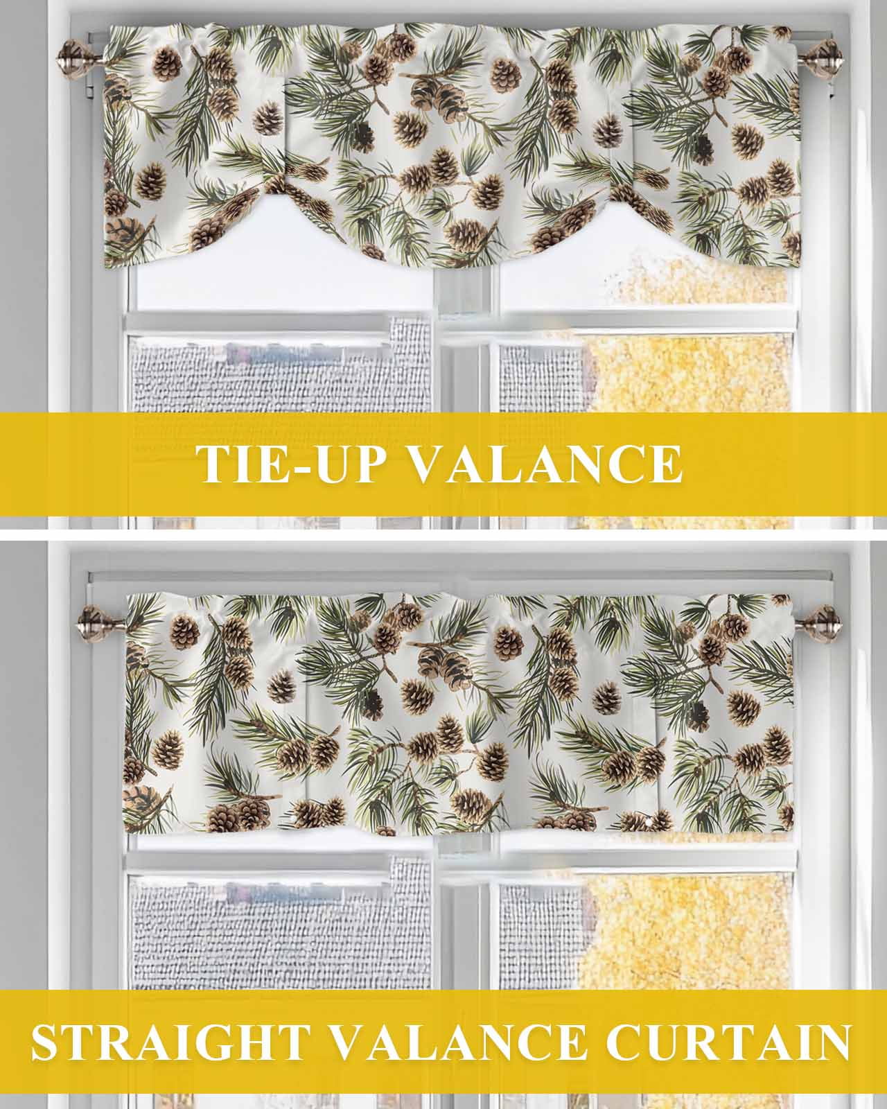 Brown Pine Cones Tie Up Valances Curtain, Green Leaves Branch White Background Kitchen Valances for Windows Decor, Rod Pocket Short Curtains Set for Bedroom/Bathroom, 54"x18"