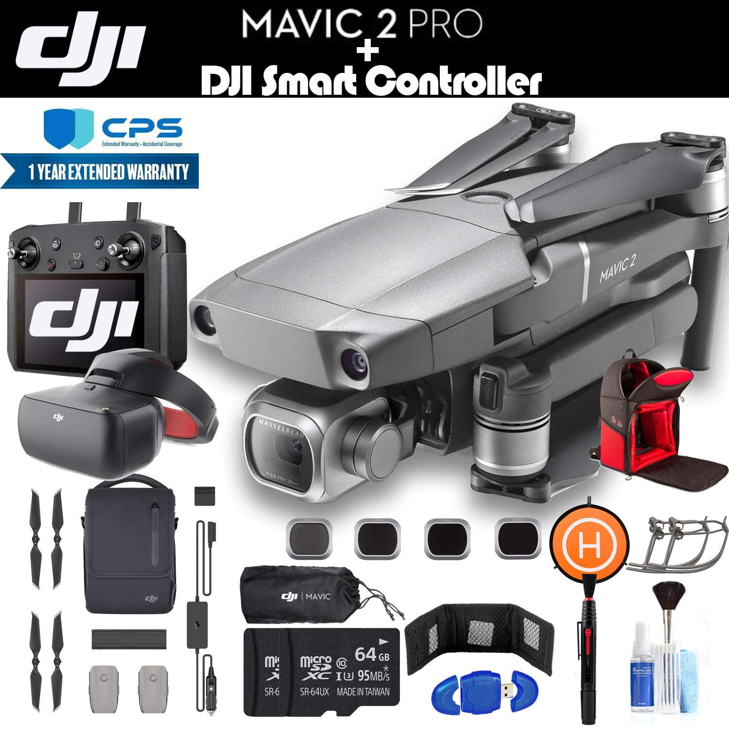 DJI Mavic 2 Pro with Smart Controller Fly More Combo, Goggles, 3 