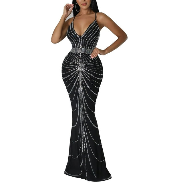 Vestido largo Nagfar con diamantes de imitación para fiesta de cumpleaños, ropa de club, negro