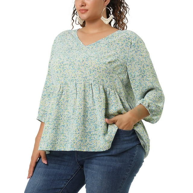 GRACE & GRANDEUR Juniors' Plus Floral 3/4 Sleeve Ruffle Flowy Peplum Blouse