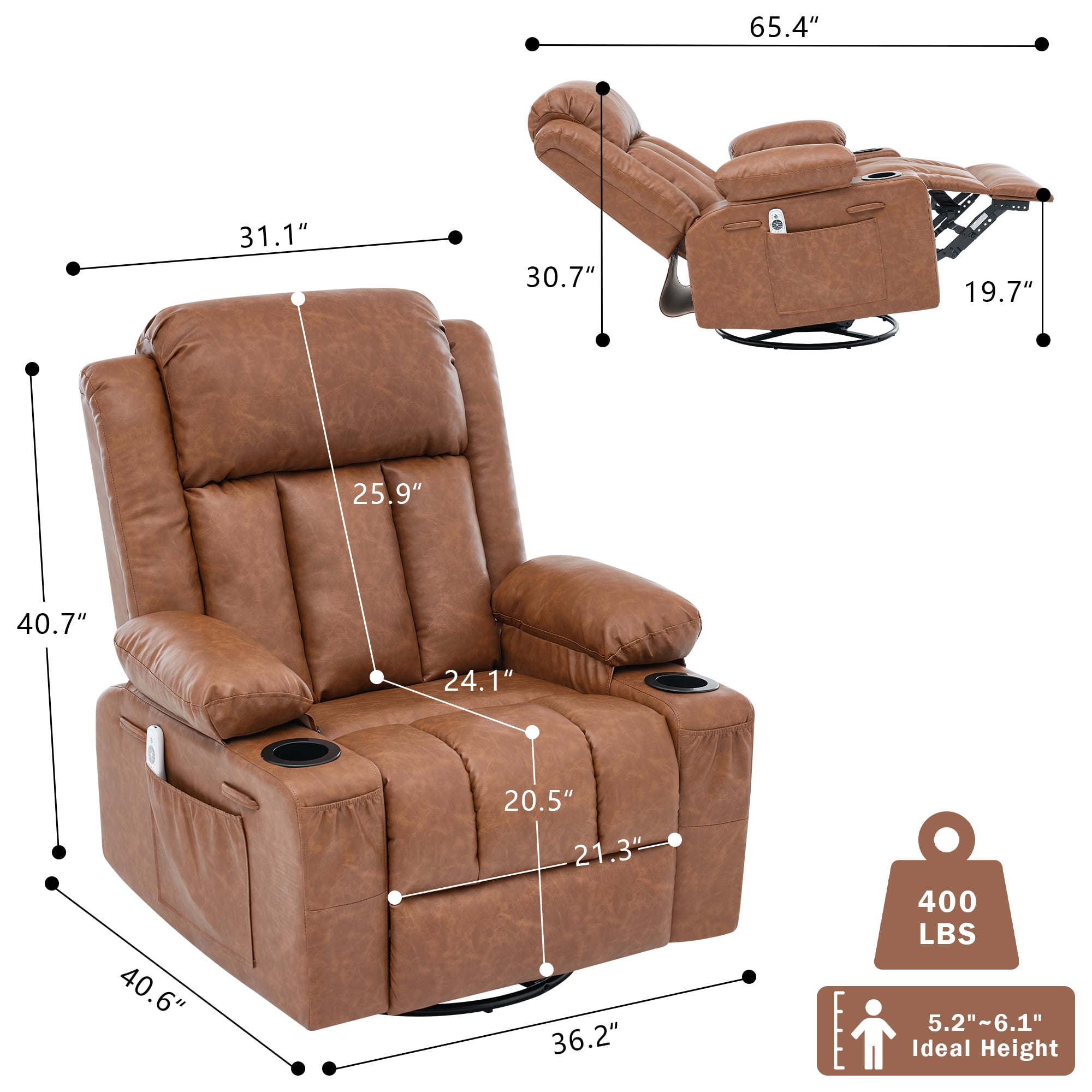 GAOHAPY Rocker Recliner Chair with Heat and Massage,360°Swivel Recliner Chair for Adults Elderly,Oversized Recliner Single Sofa Seat with 2 Cup Holders and Side Pocket(Brown)