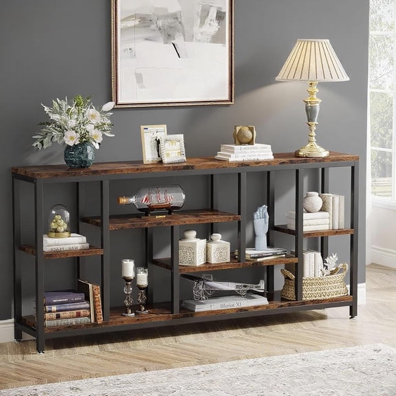 Charming industrial console table, creating a warm and beautiful atmosphere, easy to install, more display and storage space, sturdy and stable desk - brown