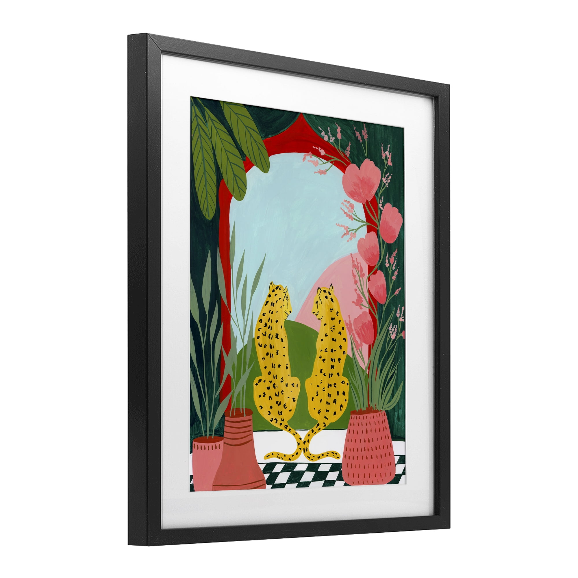 Twin Leopard & Plants Black Framed Print Under Glass, design by Nabeela Rumi