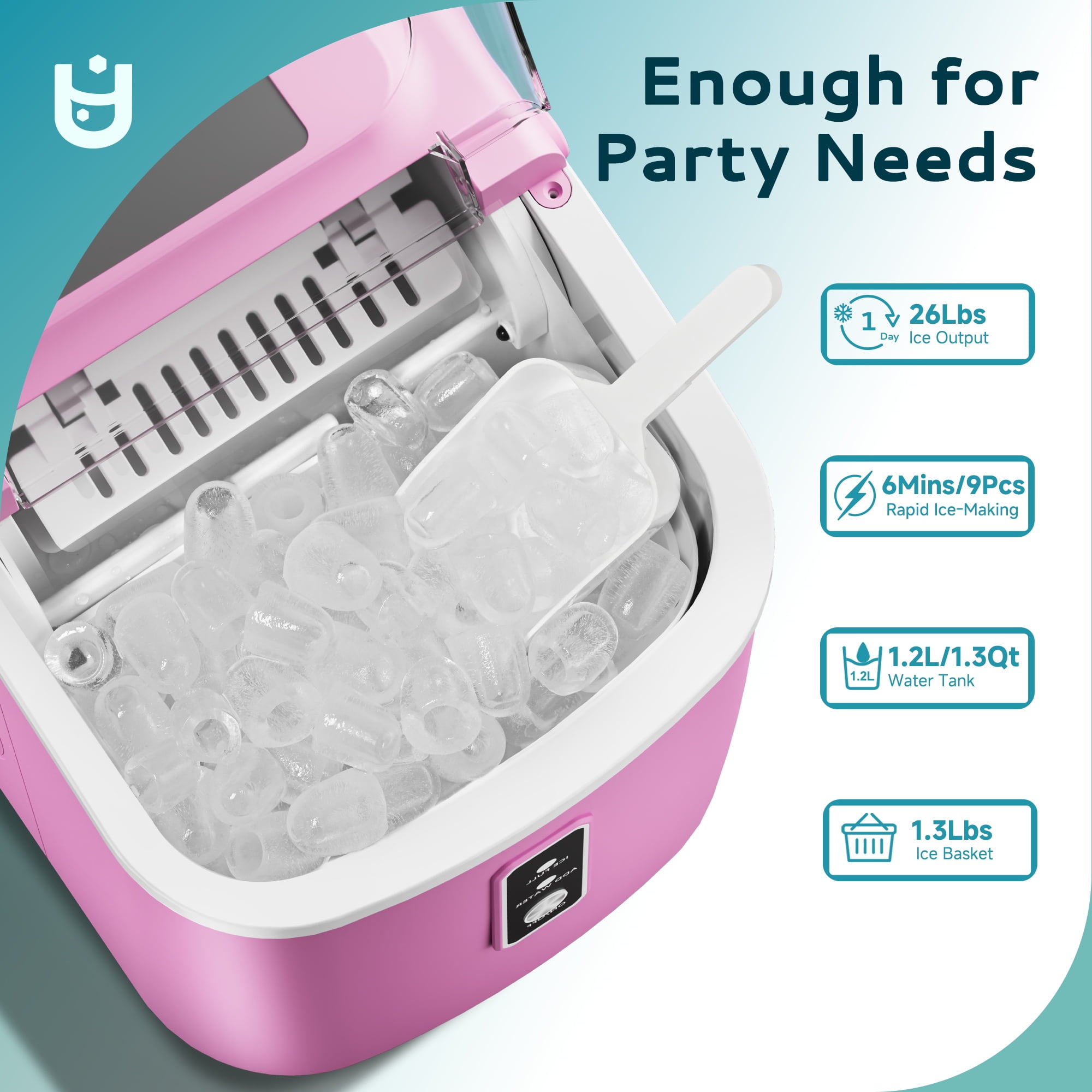 EUHOMY Countertop Ice Maker 26 lbs/Day Portable Self-Cleaning, 9 Bullet Ice in 6 Min, Pink