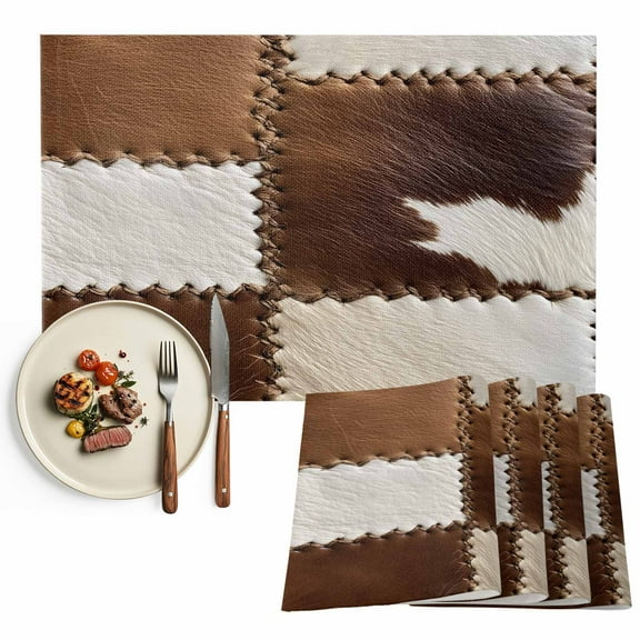 Brown White Cowhide Print Placemats Set of 6, Abstract Cow Pattern Table Mats Washable Heat-Resistant Non-Slip Place Mats for Kitchen Dinner Table Indoor Outdoor Decor,13x19 Inch