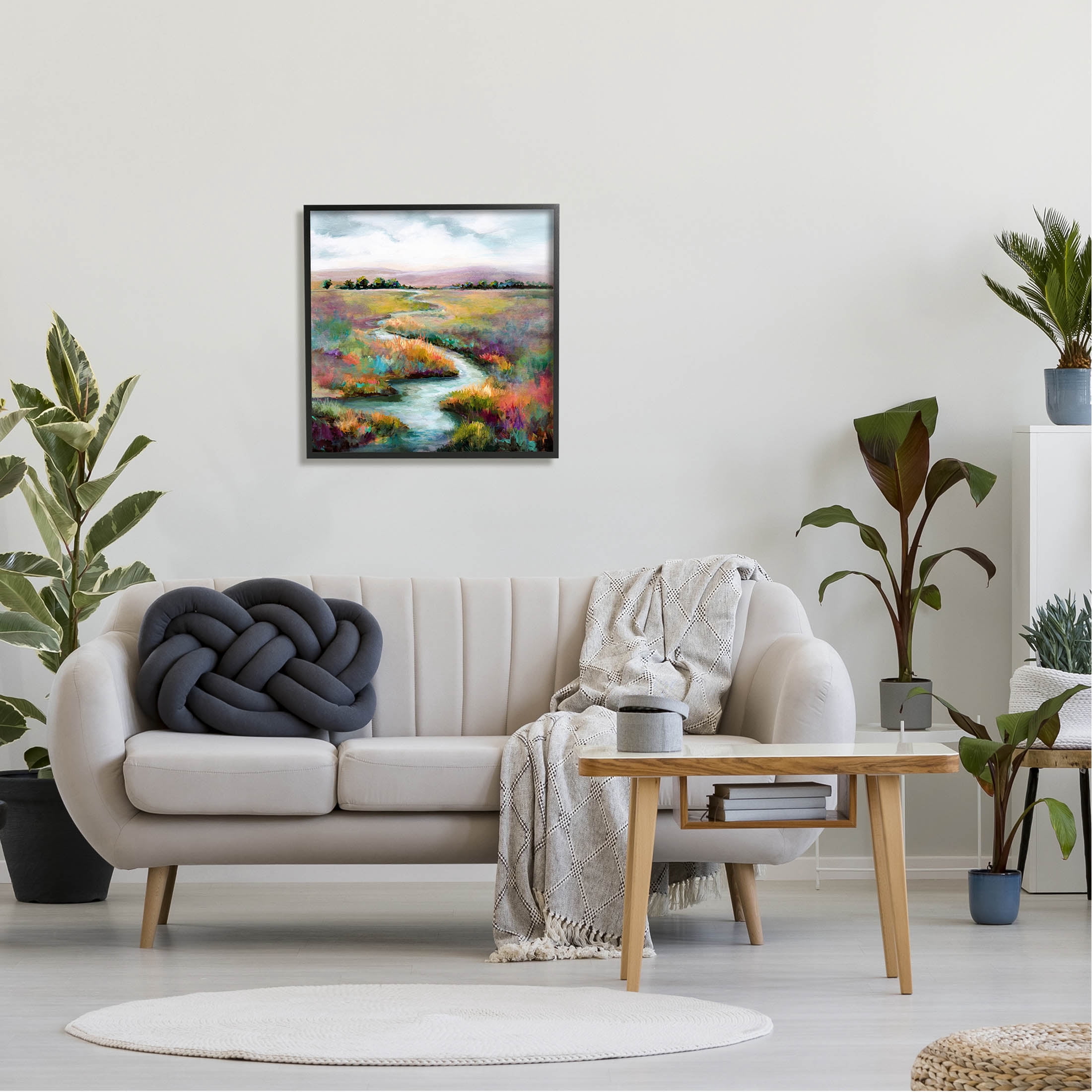 Vivid River Flowing Rural Vegetation Landscape Painting Black Framed Art Print Wall Art