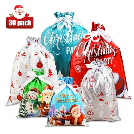 Lumikrypt 30Pcs Christmas Drawstring Gift Bags, Assorted Sizes Christmas Wrapping Bags, Gift Wrapping Bag for Xmas Party Favors & Holiday Present Wrapping, Multicolor