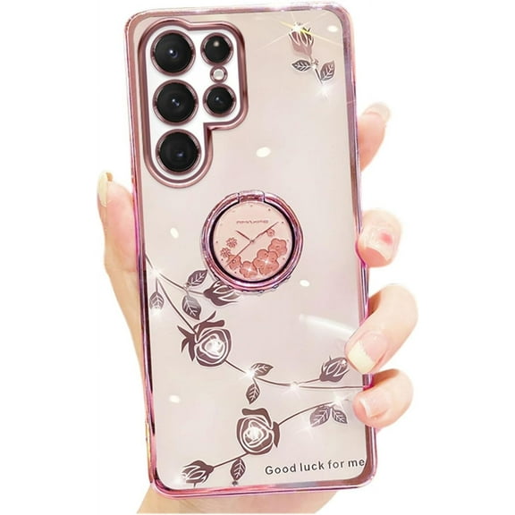 for Samsung Galaxy S23 S22 S21 S20 Ultra Plus FE Stylish Sparkly Rhinestone Silicone Phone Case Finger Ring Holder Exquisite Flower Slim Cover(Pink,S20 Plus)