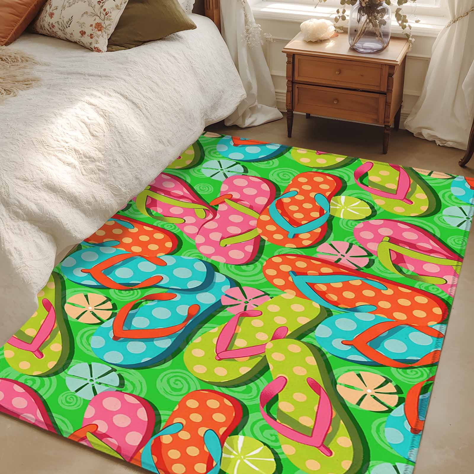 Watercolor Flip Flop Area Rugs 2.7'x5', Washable Small Throw Rugs for Kitchen Bedroom, Ocean Beach Slippers Summer Indoor Outdoor Rug Non-Slip Low Pile Carpet Runner Reversible Floor Mats