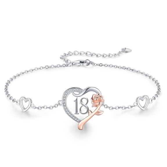 Coachuhhar 18 Year Old Girl Birthday Gifts 925 Sterling Silver Love Heart Rose Flower Bracelet 18th Jewelry Christmas Gifts for Women Girlfriend Sister