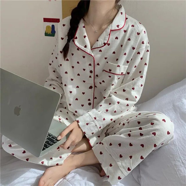 Conjunto de pijama de manga larga para mujer, cuello vuelto, elegante, estampado dulce, suave, con bolsillos de un solo pecho, primavera y otoño, para dormir