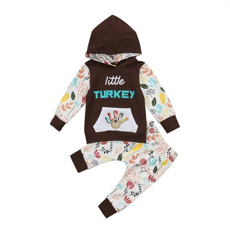 

Newborn Baby Boy Girls Thanksgiving Khaki Turkey Hoodie Tops and Pants Outfits
