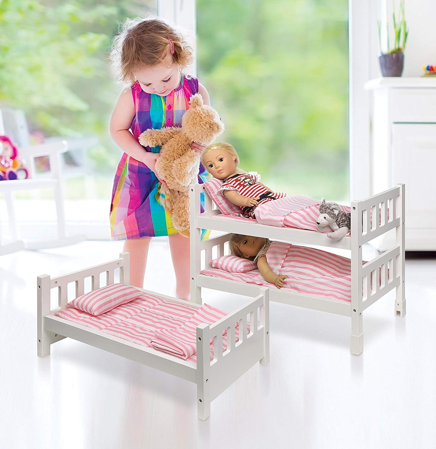Badger Basket 1-2-3 Convertible Doll Bunk Bed with Baskets and Free  Personalization Kit - Executive Gray-Color:Pink Stripe,Material:100%  Polyester Fabric 