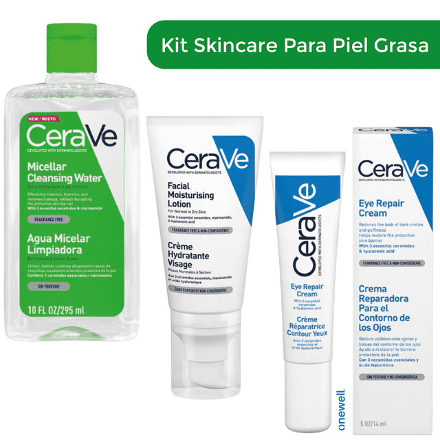 Kit para Piel Grasa: Cerave Agua Micelar Limpiadora Facial 295ml + Crema Reparadora para Ojos 14ml + Loción Hidratante Facial 52ml | Hidratación, Limpieza y Calma