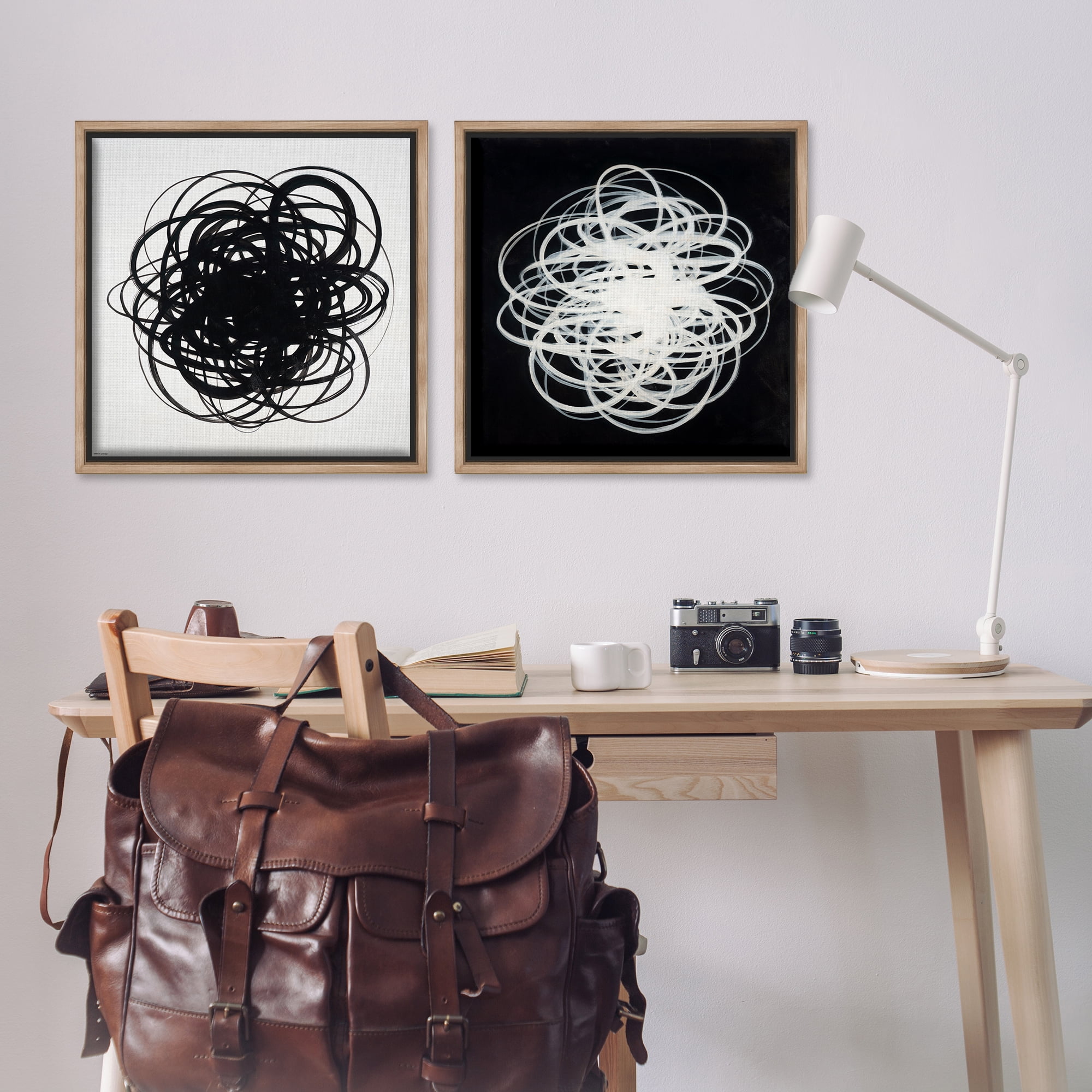Stupell Industries Black & White Tangled Lines Abstract Painting Brown Floater Framed Canvas Art Print Wall Art, 25 x 25, Set of 2