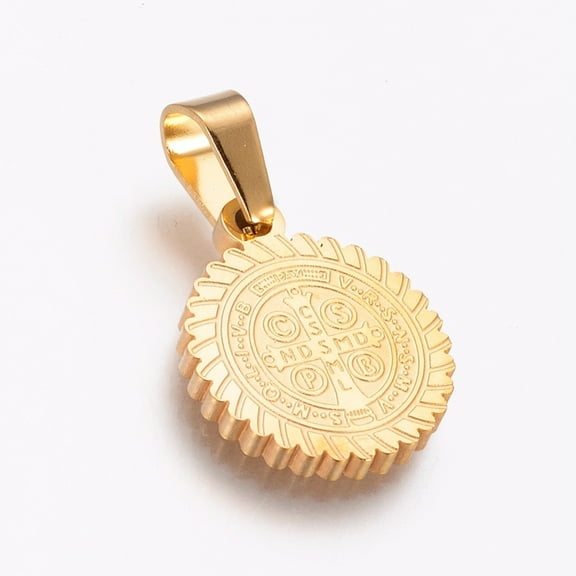 304 Stainless Steel Pendants Flat Round with Saint Benedict Golden 18x15x2mm Hole: 6.5x4mm