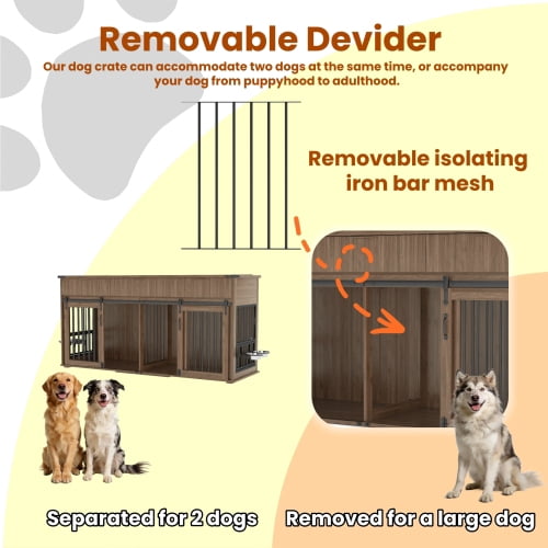 71'' Furniture Style Double Dog Crate with 3 Fluted Drawers and Waterproof Walnut Woodgrain Tabletop,Large Dog Kennel Furniture with Type-C Power Outlet & Rotating Feeders for Heavy Duty Dogs(Walnut)