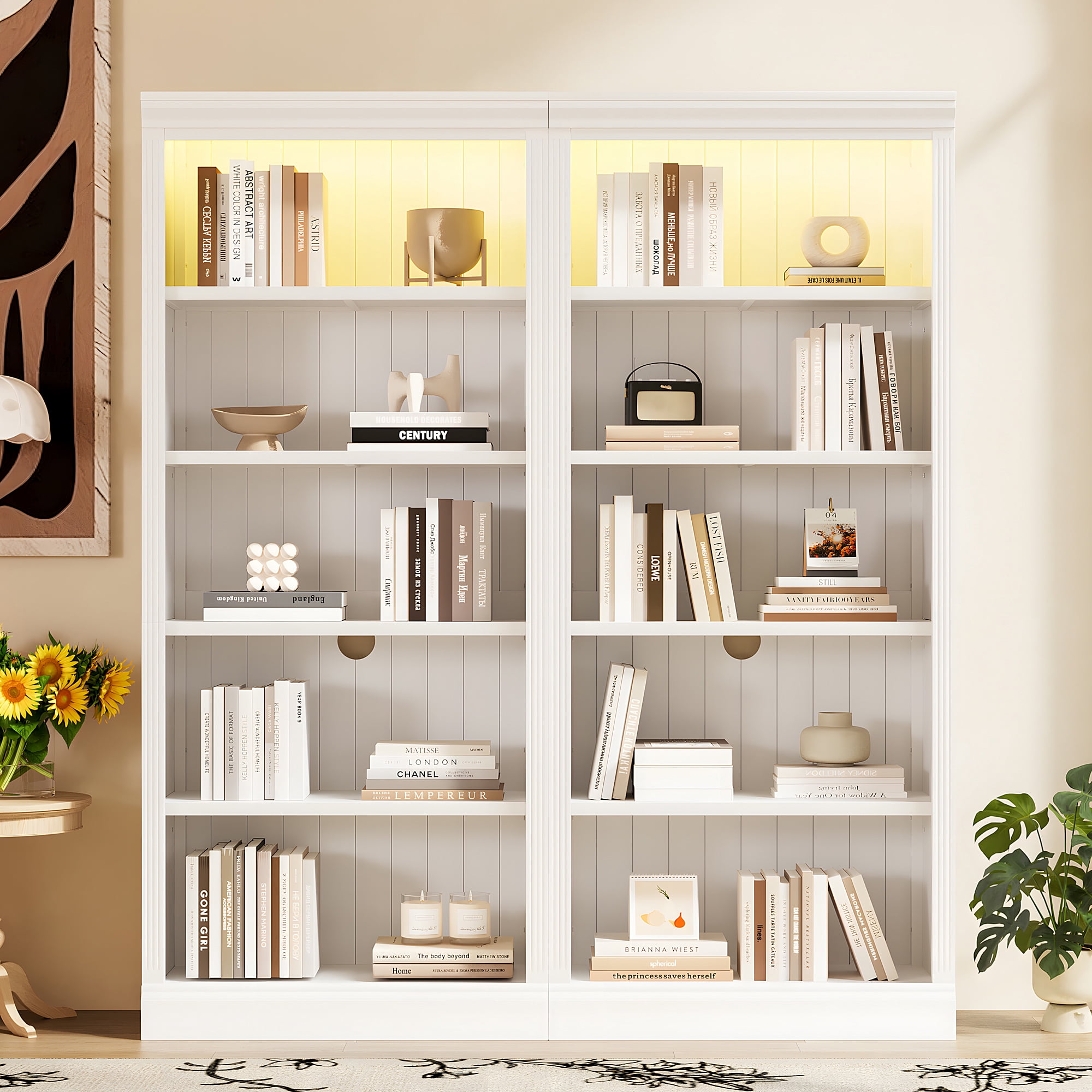 Euroco 83 inch Tall Wood Bookcase Suite with light strip, 5-Tier Decor Bookcase Suite with Adjustable Shelves, MDF Board, 83 in, White
