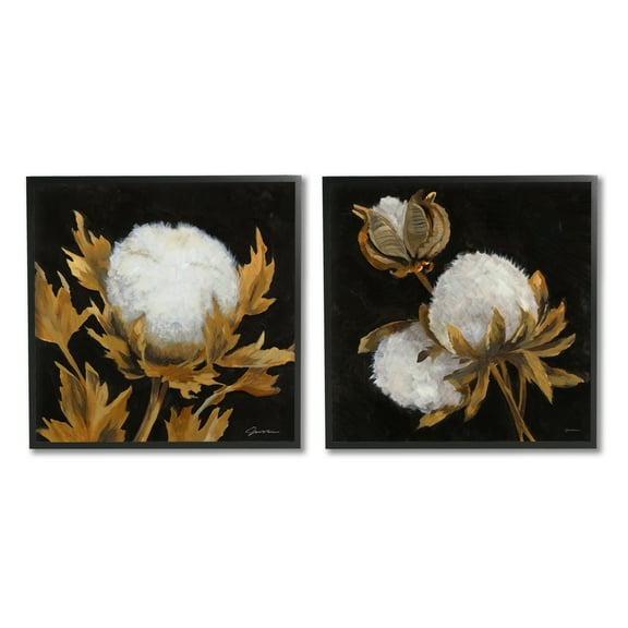 Stupell Industries Dark Cotton Flowers Botanical & Floral Painting Black Framed Art Print Wall Art, 12 x 12, Set of 2