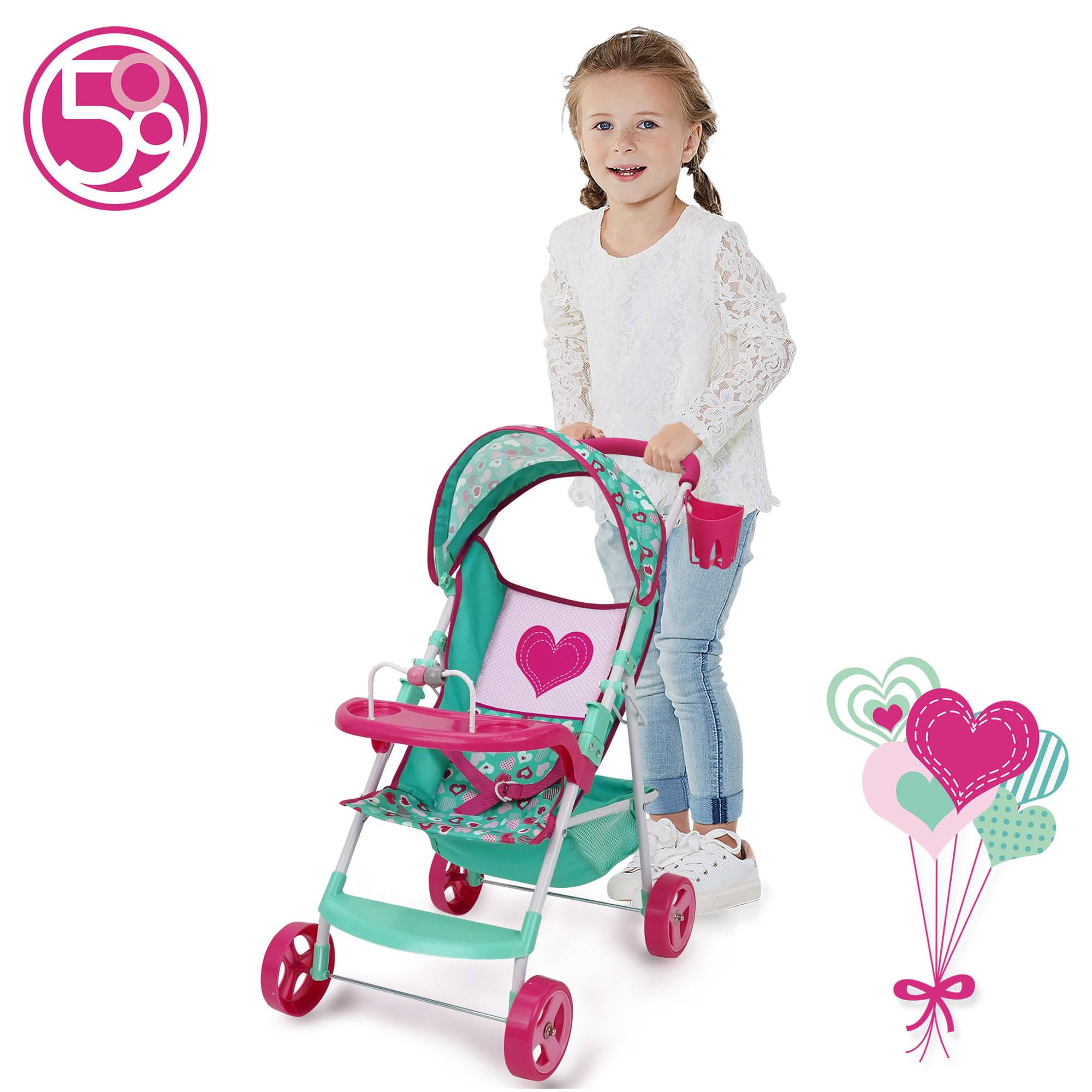 509 Crew: Mint Heart - Sarah Doll Stroller - Hot Pink & Green, Cup Holder, Tray Play, Storage Basket, Folding Accessory, Pretend Play Toy, Kids 3+