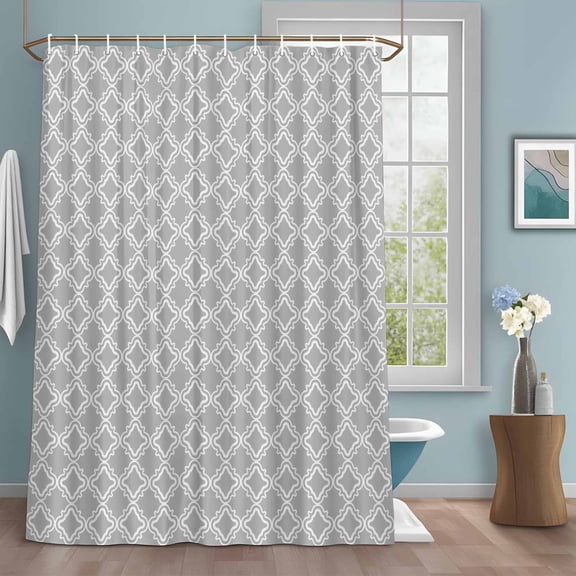 Grey White Plaid Shower Curtain with Hooks, Abstract Light Grey Morocco Texture Water Repellent Shower Curtains for Bathroom Decor Sturdy Shower Curtain, Machine Washable 36x78 Inch