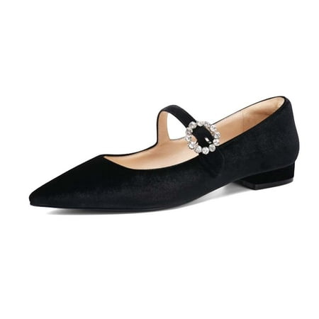 XYD Women Classic Pointed Close Toe Flats with Rhinestone Buckle Strap Low Heel Mary Jane Velvet Daily Shoes Size 5.5 Black