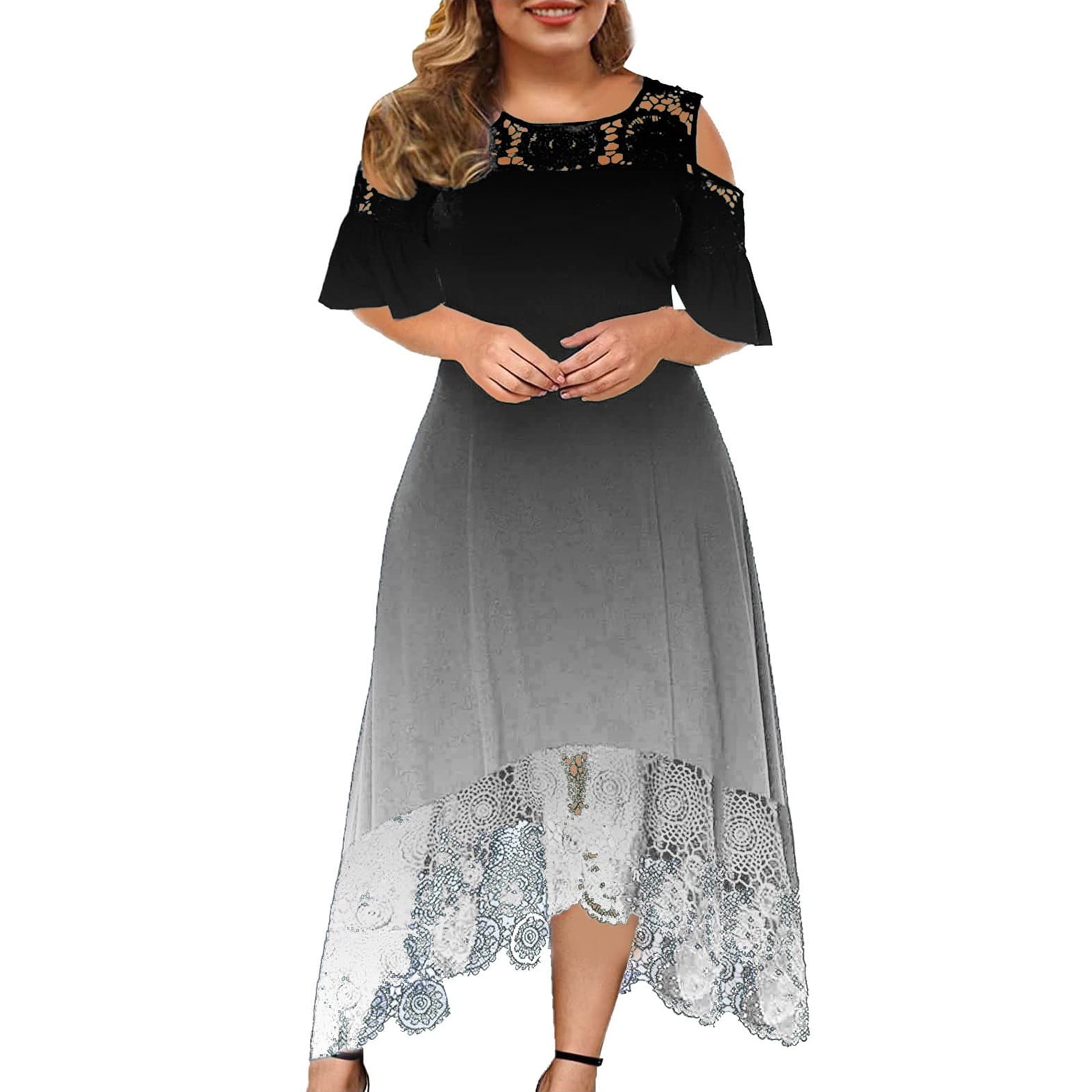 Usmixi Summer Dresses for Women Sexy Trim Cold Shoulder Irregular Hem Plus Size Party Maxi Dresses Short Round Neck Gradient Long Dress Gray Clearance Under $5 - Walmart.com