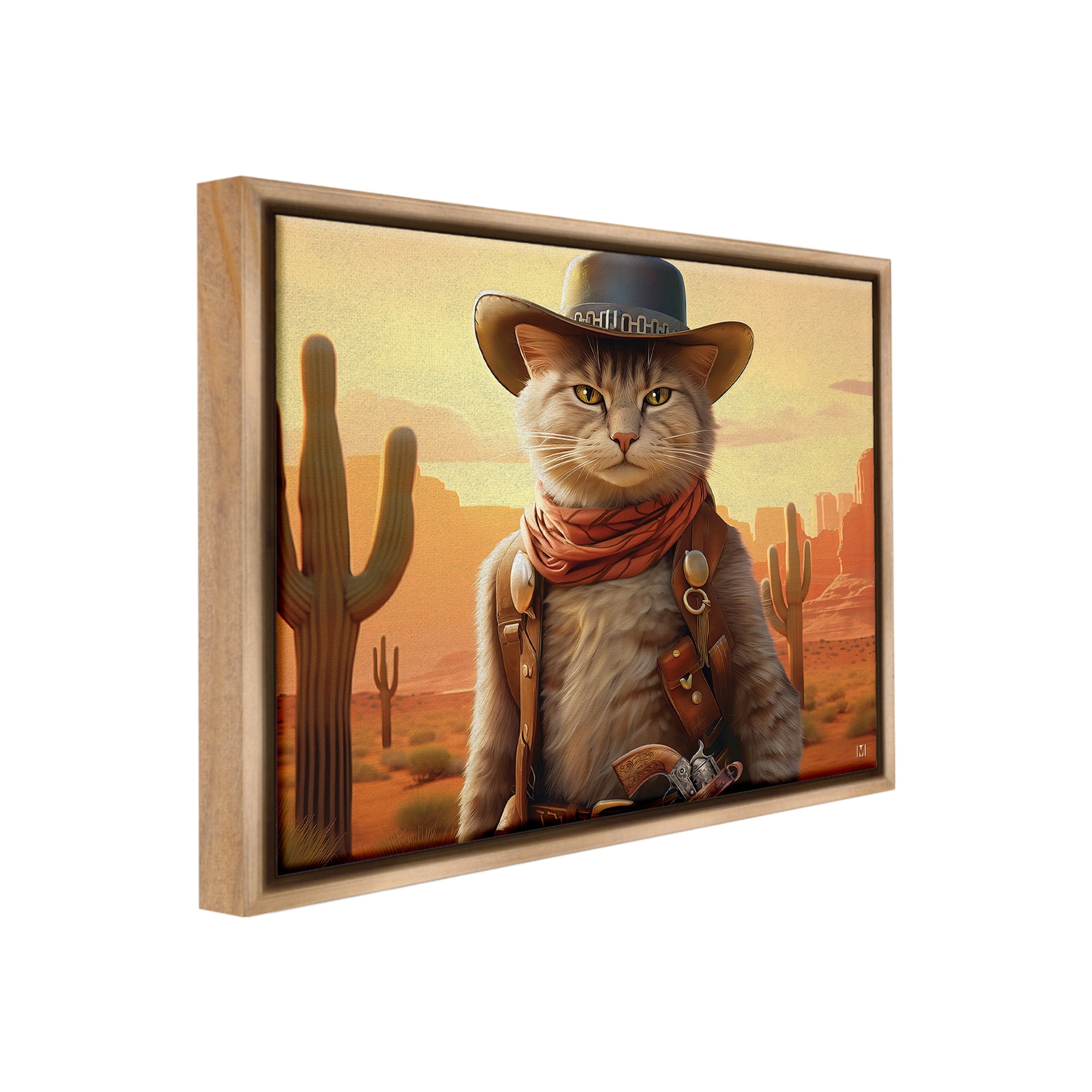 Stupell Industries Cowboy Sheriff Cat Animals & Insects Painting Brown Floater Framed Canvas Art Print Wall Art, 31 x 25