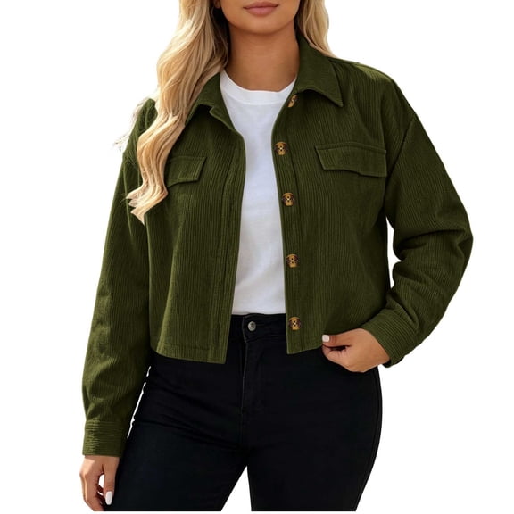 Iyufng Womens Collared Cropped Corduroy Jackets Button Down Open Front Long Sleeve Casual Shacket Outerwear