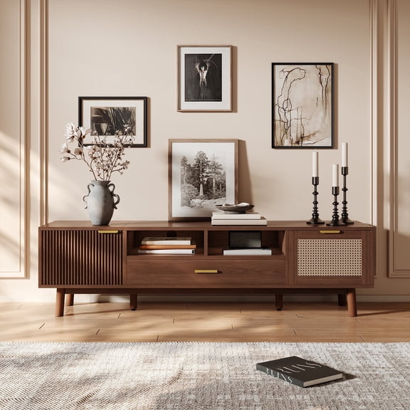 Bbbnuuiy Walnut Brown TV Stand, Modern Chic Entertainment Center for TVs Up to 80 inches, TV Console with Stroage, Streamlined Design, Media Console for Living Room