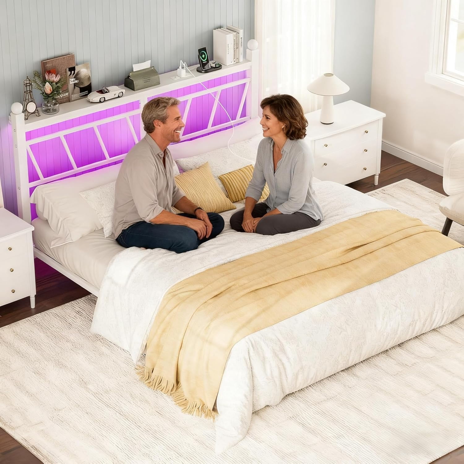 ARICOEASY Metal King Size Storage Headboard with LED Lights, Modern King Head Board with Outlets, USB & Type C Port, Farmhouse Vintage Style, Easy Assembly, White