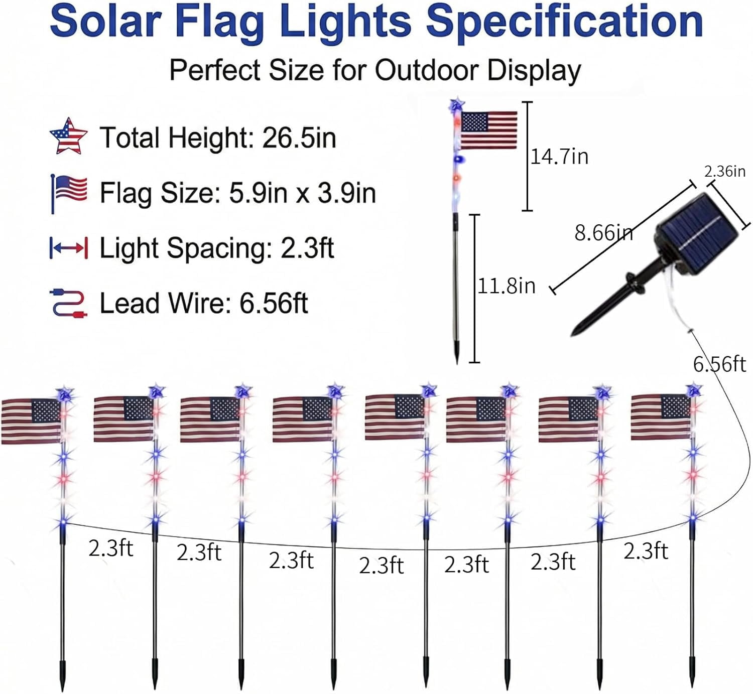 8 Piece Solar American Flag Pathway Lights, American Flag Pathway Solar Lights, IP66 Outdoor