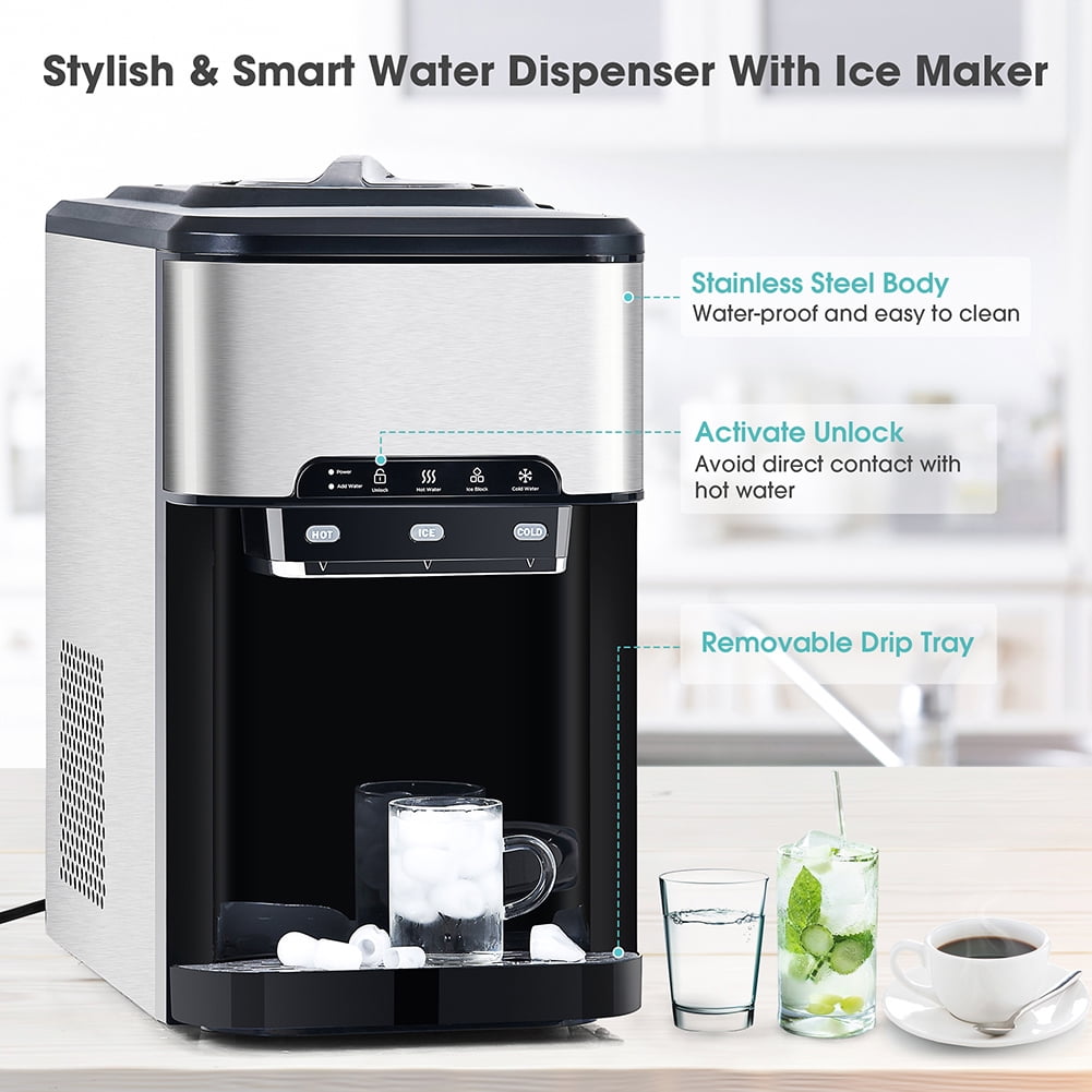 Resenkos 3 in 1 Water Dispenser with Ice Maker Countertop, Portable Water Cooler, Quick 6 Mins Ice-making, Hot & Cold Water and Ice, Black and Silver