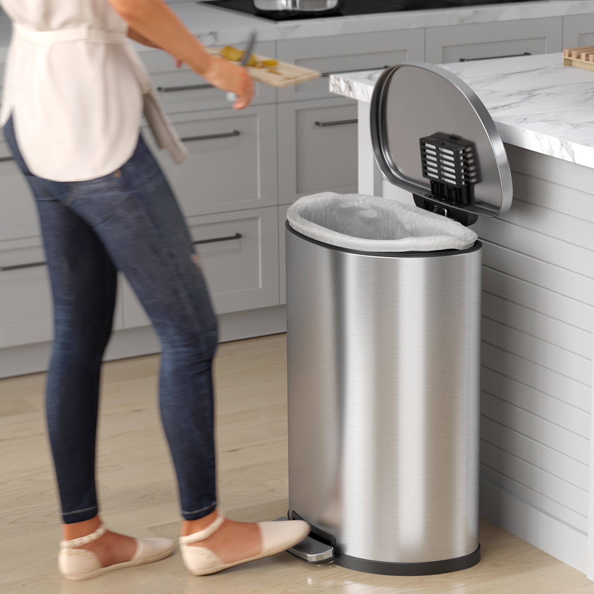 iTouchless SoftStep 2 Gallon Small Semi-Round Bathroom Step Trash Can with AbsorbX Odor Filter and Removable Inner Bucket, Stainless Steel, 7 Liter