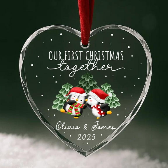 Personalized Our First Christmas Together Ornament Custom Couple Names & Year Heart Glass Penguin Holiday Keepsake