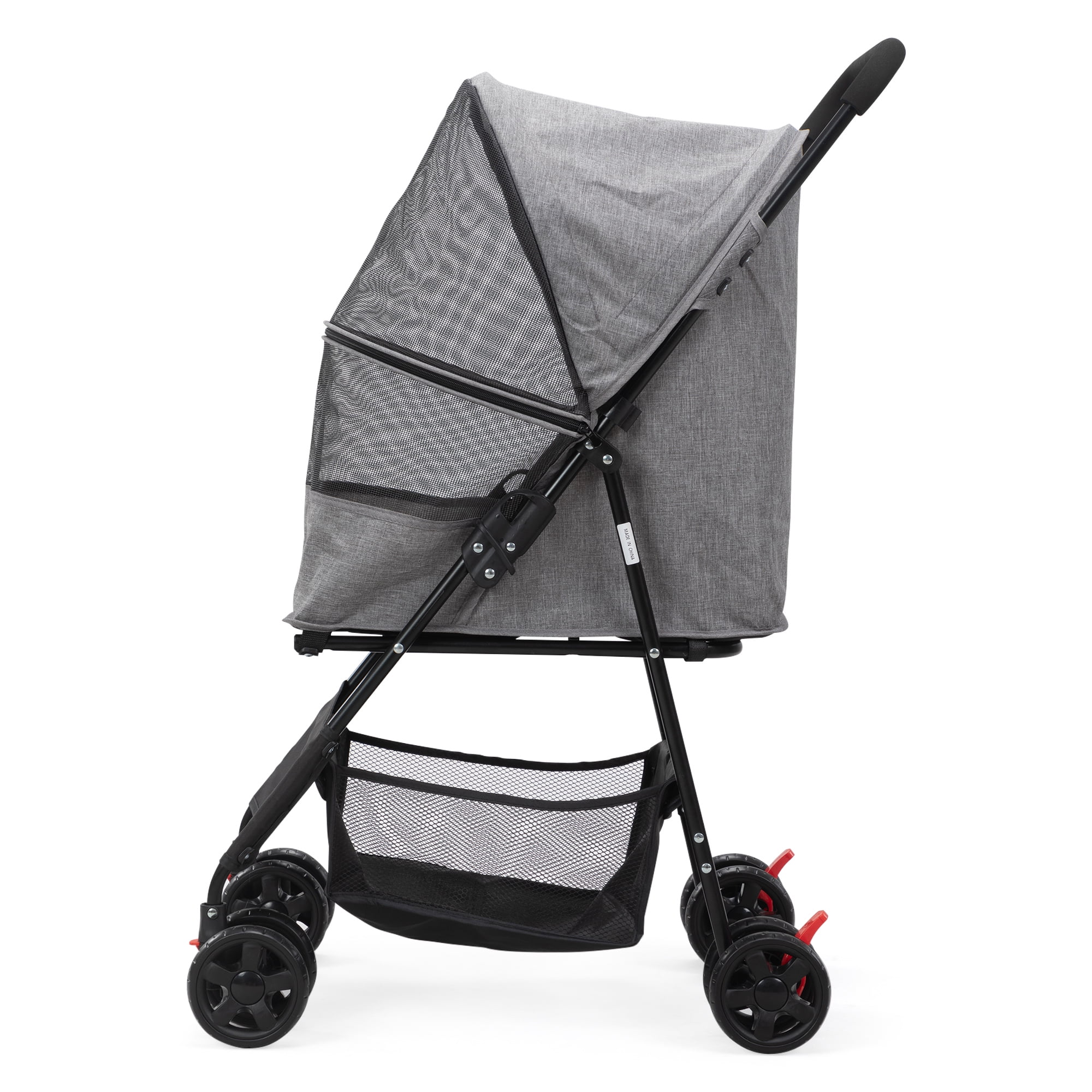 Pefilos 4 Wheels Foldable Pet Stroller, Small Dog Cat Stroller with Storage Basket for Small Puppies, Carrier Jogger Travel Puppy Stroller, Gray