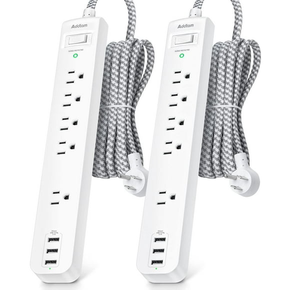Barre d'Alimentation Parasurtenseur - Cordon d'Extension de 10 Pi avec 5 Prises CA Larges, 3 Ports USB, Prise Plate avec Protection contre les Surcharges et les Surtensions pour la Maison, le Bureau, Essentiels pour Dortoir (Lot de 2)
