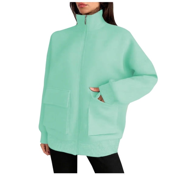 AUNVITO Women's Windbreaker Jacket Solid Color Dual Pockets Long Sleeve Turn-Down Collar Zipper Casual Outdoor No Hood