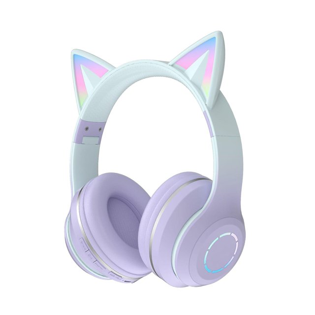 Auriculares inalámbricos Yuxing con orejas de gato RGB para niños plegables Bluetooth 5.1 morado