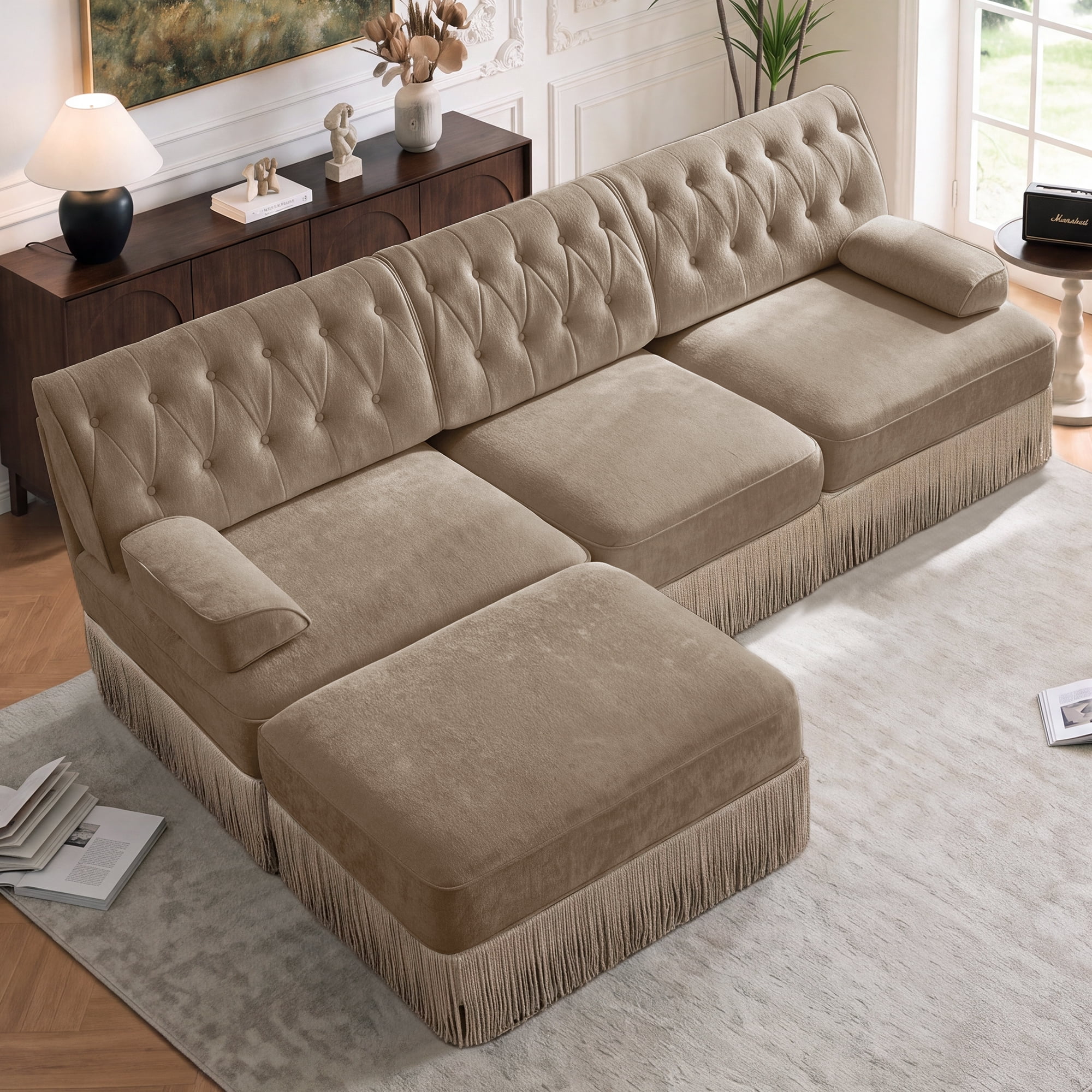 106" Chesterfield 3 Seater L-Shaped Modular Sectional Sofa Set with Ottoman and Tassel Skirt, Easy to Assemble